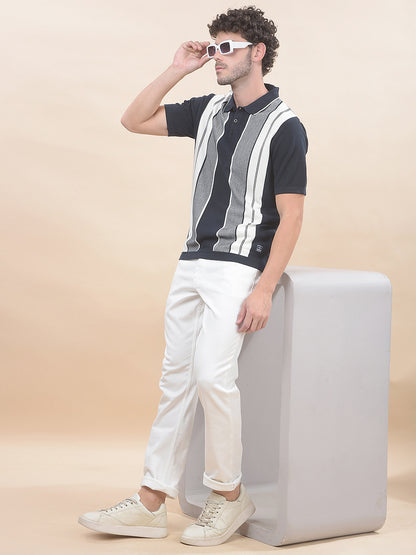 T-Shirt for Men | Breathable & Soft with Color Fastness Regular Fit Polo Neck Cotton Blend Fabric Striped Pattern