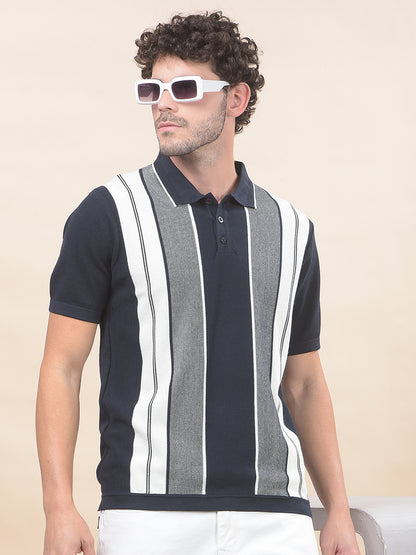 T-Shirt for Men | Breathable & Soft with Color Fastness Regular Fit Polo Neck Cotton Blend Fabric Striped Pattern