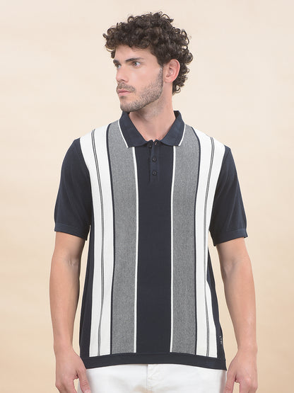 T-Shirt for Men | Breathable & Soft with Color Fastness Regular Fit Polo Neck Cotton Blend Fabric Striped Pattern