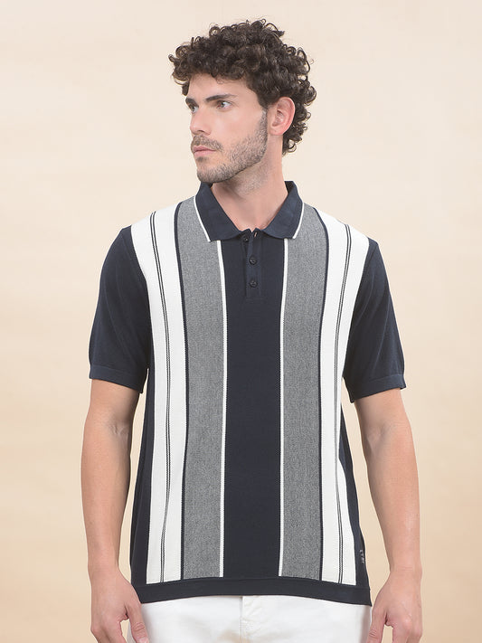 T-Shirt for Men | Breathable & Soft with Color Fastness Regular Fit Polo Neck Cotton Blend Fabric Striped Pattern
