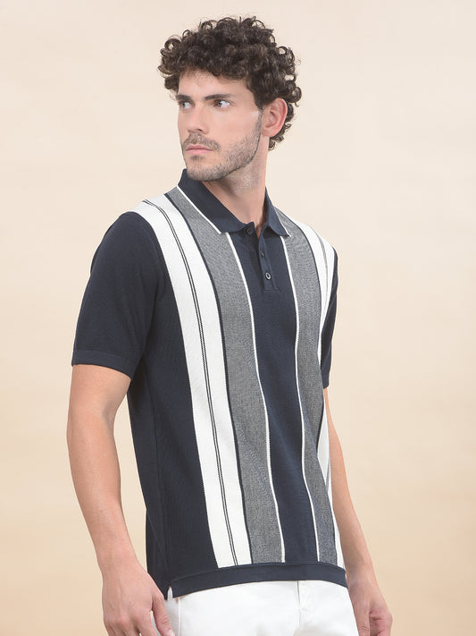 T-Shirt for Men | Breathable & Soft with Color Fastness Regular Fit Polo Neck Cotton Blend Fabric Striped Pattern