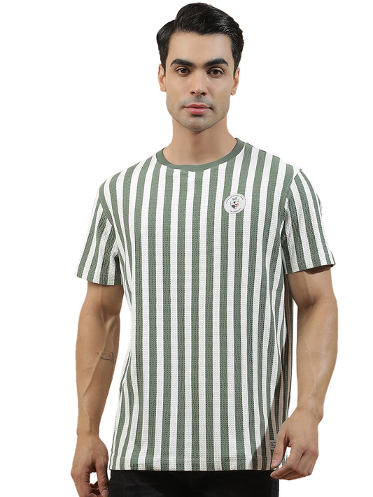 T-Shirt for Men | Breathable & Soft with Color Fastness Regular Fit Round Neck Poly Cotton Fabric Striped Pattern