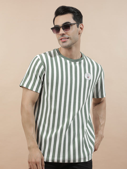 T-Shirt for Men | Breathable & Soft with Color Fastness Regular Fit Round Neck Poly Cotton Fabric Striped Pattern