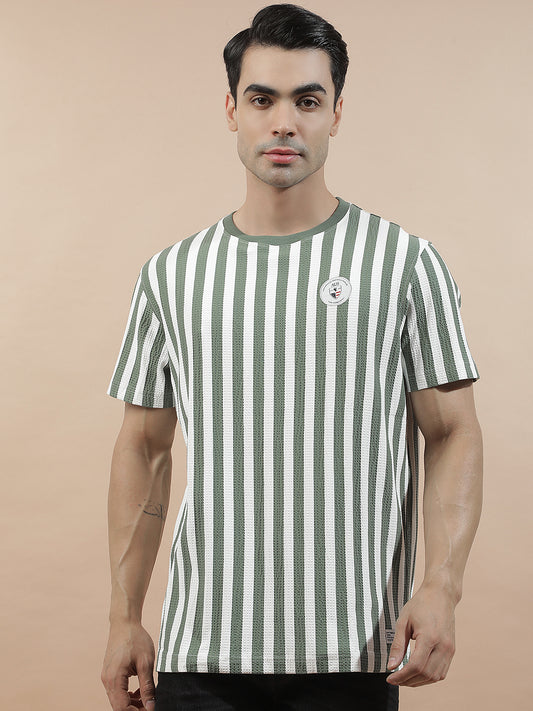 T-Shirt for Men | Breathable & Soft with Color Fastness Regular Fit Round Neck Poly Cotton Fabric Striped Pattern