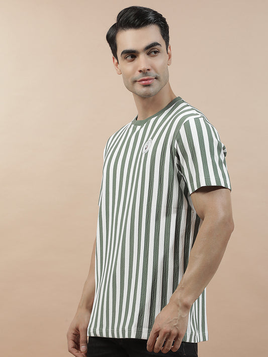 T-Shirt for Men | Breathable & Soft with Color Fastness Regular Fit Round Neck Poly Cotton Fabric Striped Pattern
