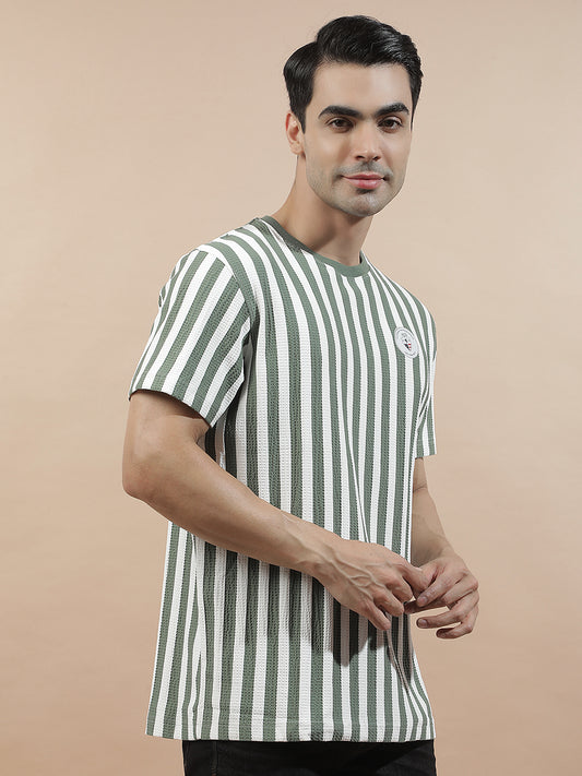 T-Shirt for Men | Breathable & Soft with Color Fastness Regular Fit Round Neck Poly Cotton Fabric Striped Pattern