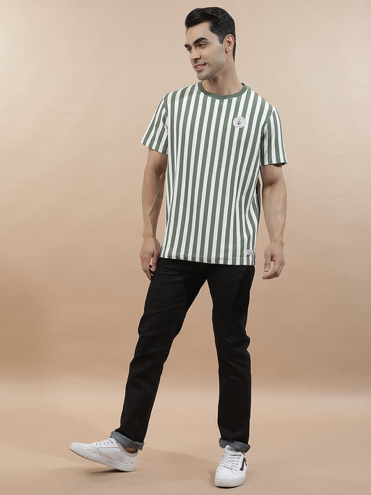 T-Shirt for Men | Breathable & Soft with Color Fastness Regular Fit Round Neck Poly Cotton Fabric Striped Pattern