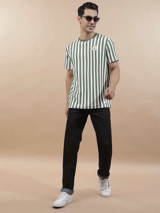 T-Shirt for Men | Breathable & Soft with Color Fastness Regular Fit Round Neck Poly Cotton Fabric Striped Pattern