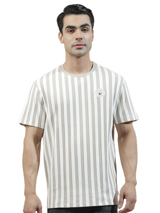 T-Shirt for Men | Breathable & Soft with Color Fastness Regular Fit Round Neck Poly Cotton Fabric Striped Pattern