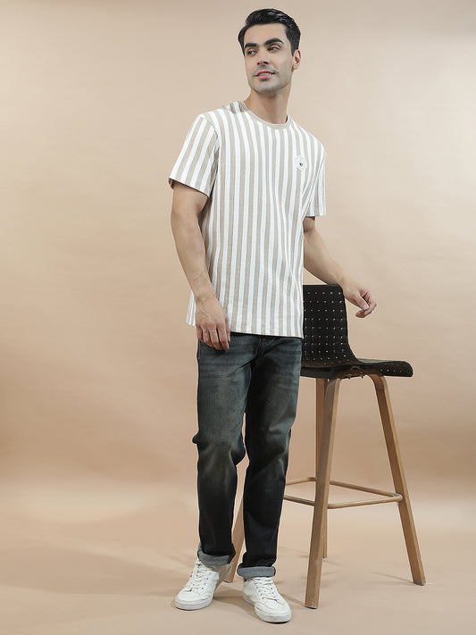 T-Shirt for Men | Breathable & Soft with Color Fastness Regular Fit Round Neck Poly Cotton Fabric Striped Pattern