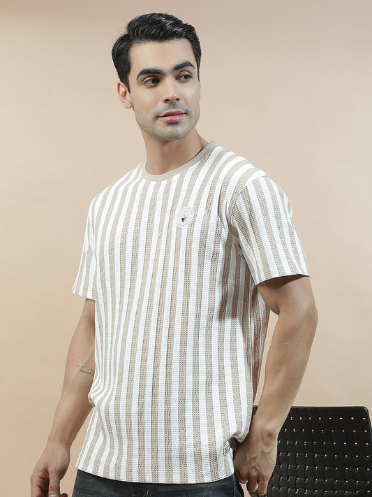 T-Shirt for Men | Breathable & Soft with Color Fastness Regular Fit Round Neck Poly Cotton Fabric Striped Pattern