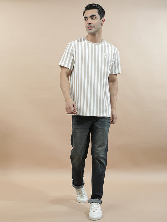 T-Shirt for Men | Breathable & Soft with Color Fastness Regular Fit Round Neck Poly Cotton Fabric Striped Pattern