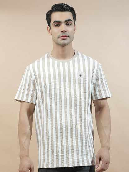 T-Shirt for Men | Breathable & Soft with Color Fastness Regular Fit Round Neck Poly Cotton Fabric Striped Pattern