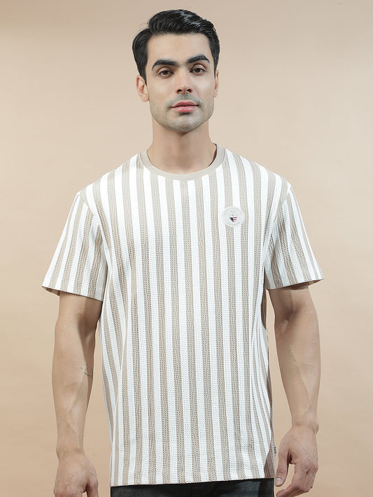 T-Shirt for Men | Breathable & Soft with Color Fastness Regular Fit Round Neck Poly Cotton Fabric Striped Pattern