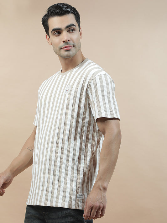 T-Shirt for Men | Breathable & Soft with Color Fastness Regular Fit Round Neck Poly Cotton Fabric Striped Pattern