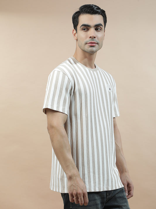T-Shirt for Men | Breathable & Soft with Color Fastness Regular Fit Round Neck Poly Cotton Fabric Striped Pattern