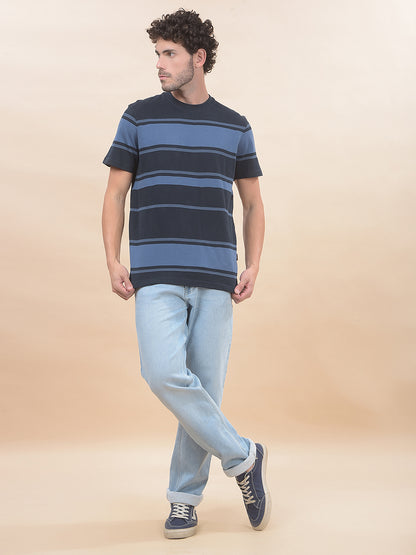 T-Shirt for Men | Breathable & Soft with Color Fastness Regular Fit Round Neck Poly Cotton Fabric Striped Pattern