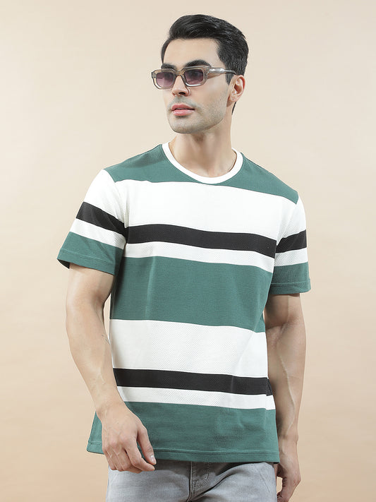 T-Shirt for Men | Breathable & Soft with Color Fastness Regular Fit Round Neck Poly Cotton Fabric Striped Pattern