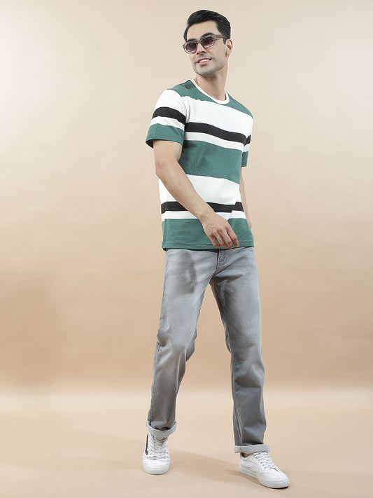 T-Shirt for Men | Breathable & Soft with Color Fastness Regular Fit Round Neck Poly Cotton Fabric Striped Pattern