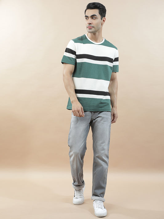 T-Shirt for Men | Breathable & Soft with Color Fastness Regular Fit Round Neck Poly Cotton Fabric Striped Pattern
