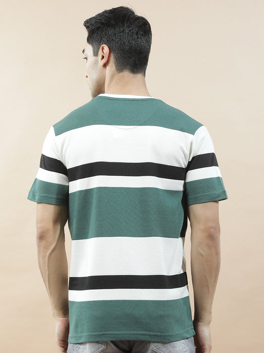 T-Shirt for Men | Breathable & Soft with Color Fastness Regular Fit Round Neck Poly Cotton Fabric Striped Pattern