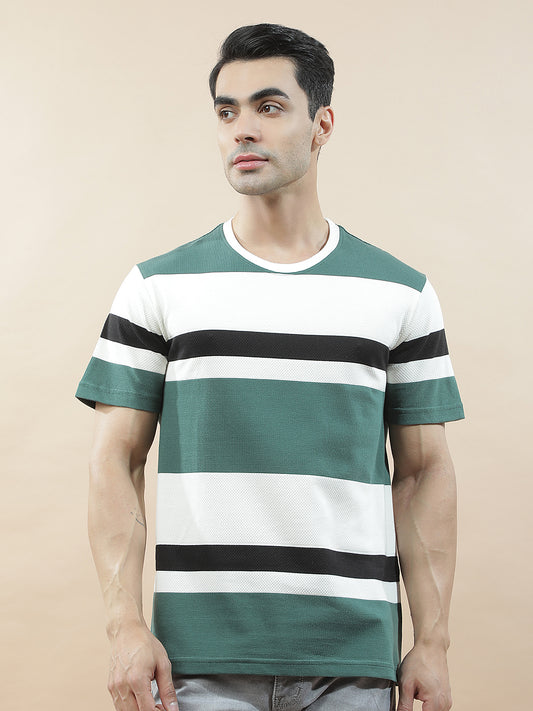 T-Shirt for Men | Breathable & Soft with Color Fastness Regular Fit Round Neck Poly Cotton Fabric Striped Pattern