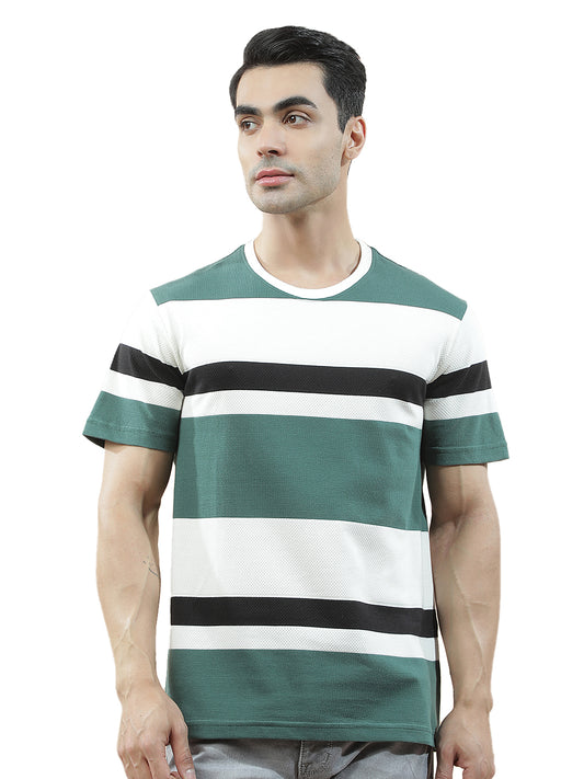 T-Shirt for Men | Breathable & Soft with Color Fastness Regular Fit Round Neck Poly Cotton Fabric Striped Pattern