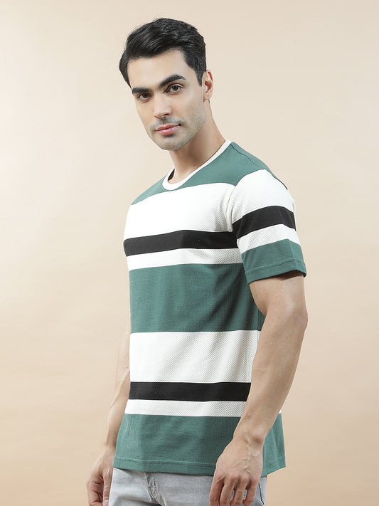 T-Shirt for Men | Breathable & Soft with Color Fastness Regular Fit Round Neck Poly Cotton Fabric Striped Pattern