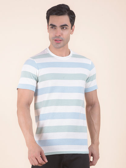 T-Shirt for Men | Breathable & Soft with Color Fastness Regular Fit Round Neck Poly Cotton Fabric Striped Pattern