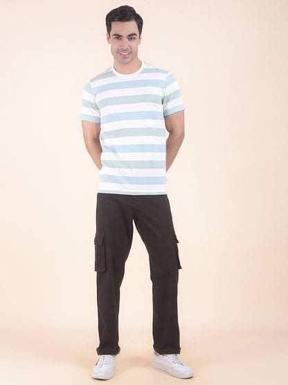 T-Shirt for Men | Breathable & Soft with Color Fastness Regular Fit Round Neck Poly Cotton Fabric Striped Pattern