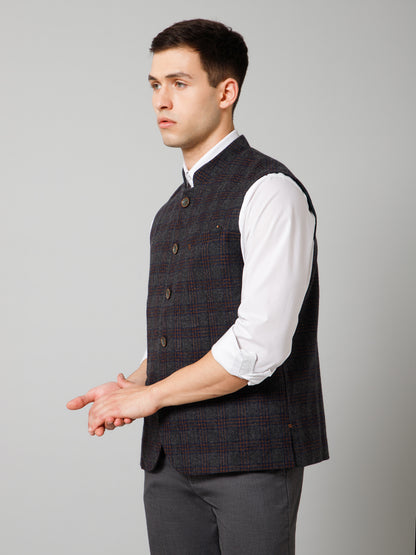 Men Olive Checkered Formal Band Collar Sleeveless Waist Coat