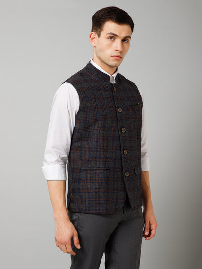 Men Olive Checkered Formal Band Collar Sleeveless Waist Coat