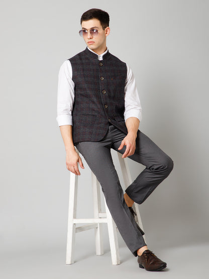 Men Olive Checkered Formal Band Collar Sleeveless Waist Coat