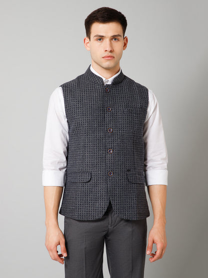 Men Grey Self Design Formal Band Collar Sleeveless Waist Coat