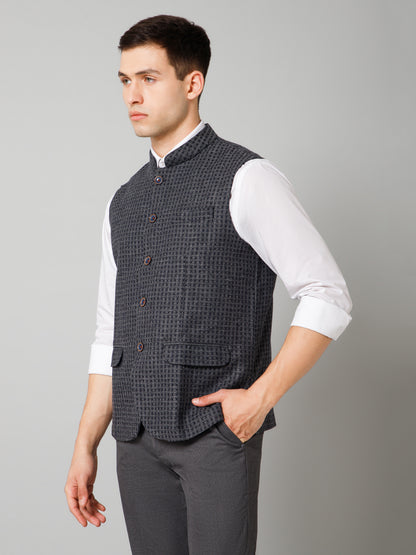 Men Grey Self Design Formal Band Collar Sleeveless Waist Coat