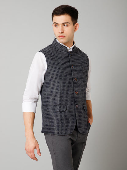 Men Grey Self Design Formal Band Collar Sleeveless Waist Coat