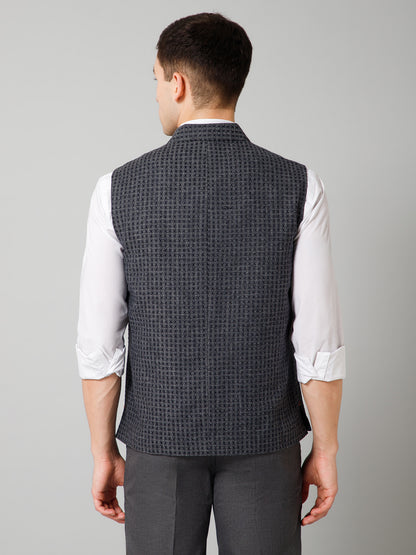 Men Grey Self Design Formal Band Collar Sleeveless Waist Coat