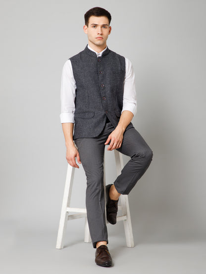 Men Grey Self Design Formal Band Collar Sleeveless Waist Coat