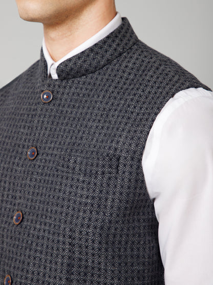 Men Grey Self Design Formal Band Collar Sleeveless Waist Coat