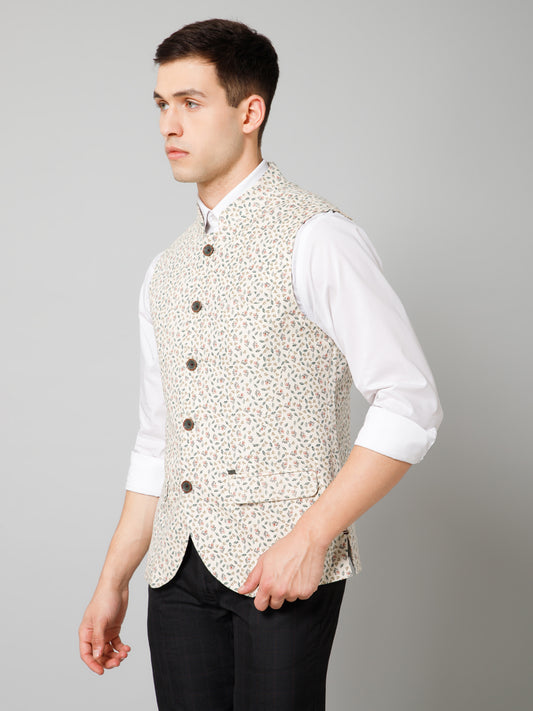 Men Beige Floral Printed Formal Band Collar Sleeveless Waist Coat