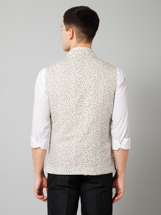Men Beige Floral Printed Formal Band Collar Sleeveless Waist Coat