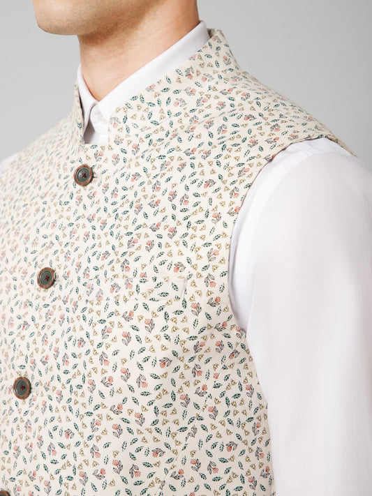 Men Beige Floral Printed Formal Band Collar Sleeveless Waist Coat