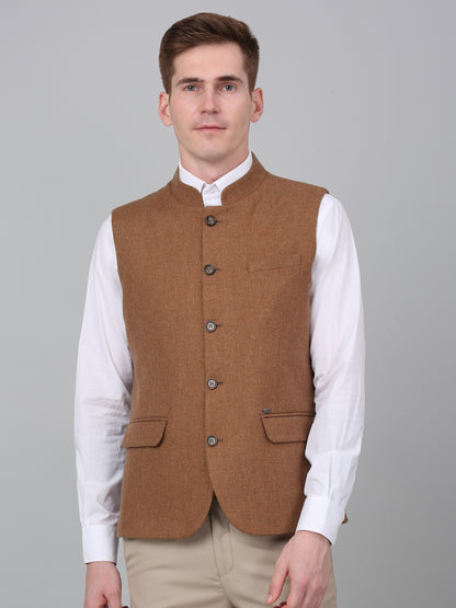 Men Brown Self Design Formal Band Collar Sleeveless Waist Coat