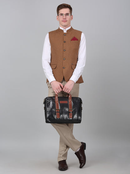 Men Brown Self Design Formal Band Collar Sleeveless Waist Coat