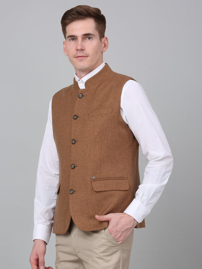 Men Brown Self Design Formal Band Collar Sleeveless Waist Coat