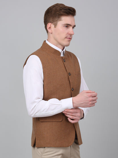 Men Brown Self Design Formal Band Collar Sleeveless Waist Coat