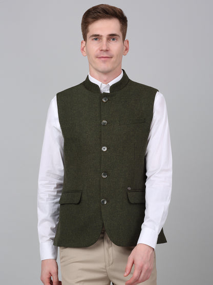 Men Green Self Design Formal Band Collar Sleeveless Waist Coat