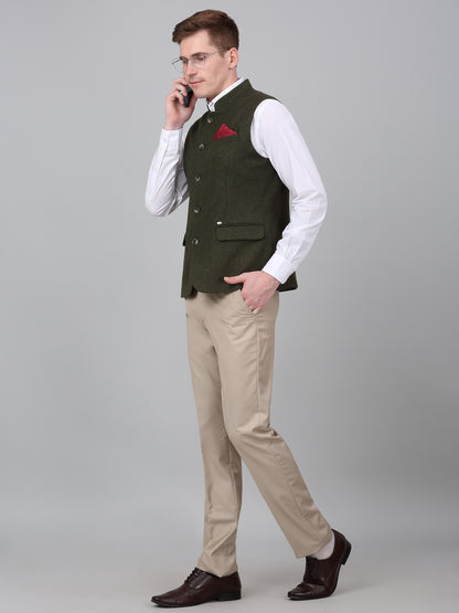 Men Green Self Design Formal Band Collar Sleeveless Waist Coat