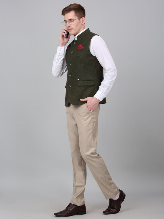 Men Green Self Design Formal Band Collar Sleeveless Waist Coat