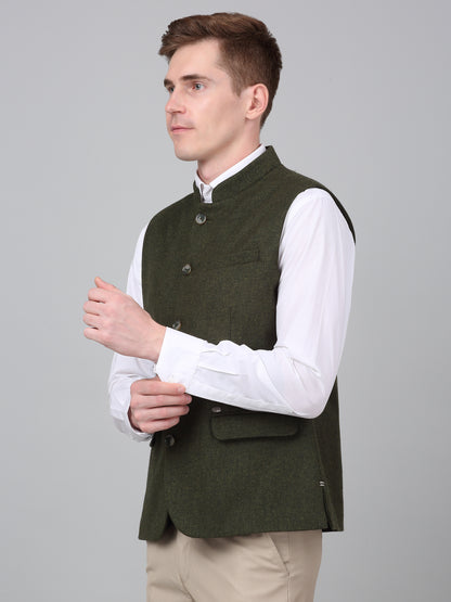 Men Green Self Design Formal Band Collar Sleeveless Waist Coat
